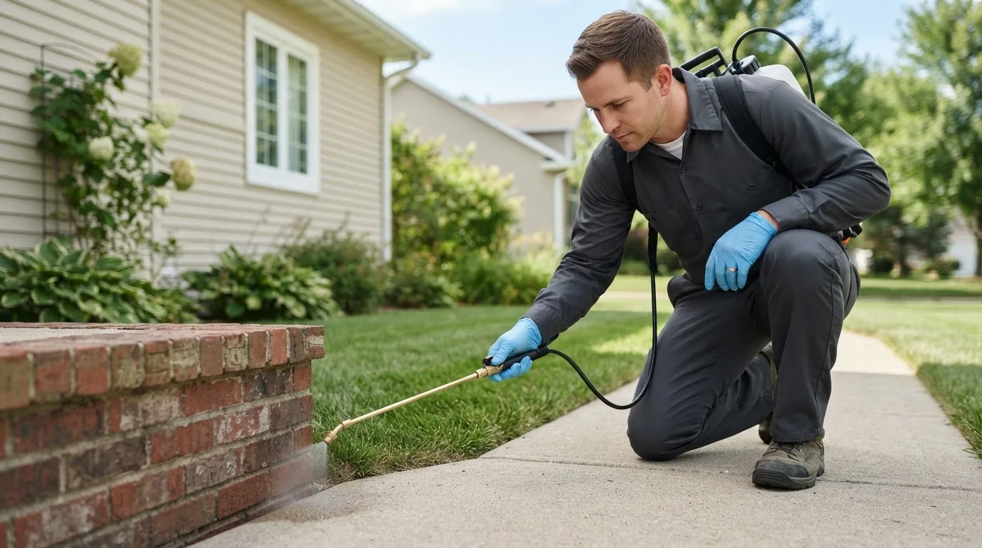 Pest control technician treating a home near Bridgewater, IA