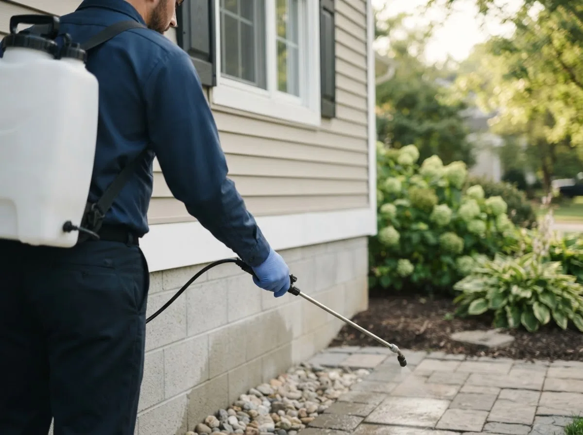Pest control technician inspecting a home in Bridgewater, IA